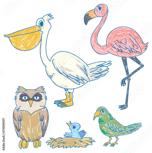 Simple children scribble of birds