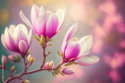 Closeup of blooming magnolia tree in spring on pastel bokeh background. Generative Ai