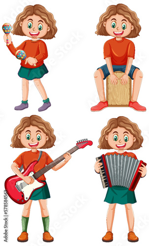 Set of kids playing different musical instrument