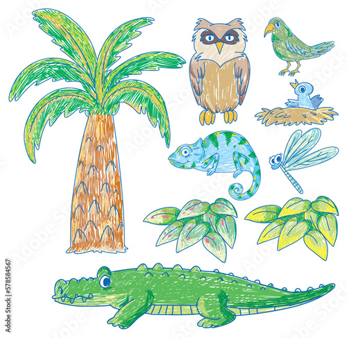 Simple children scribble of plants and animals