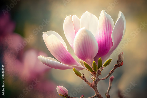 Closeup of blooming magnolia tree in spring on pastel bokeh background. Generative Ai