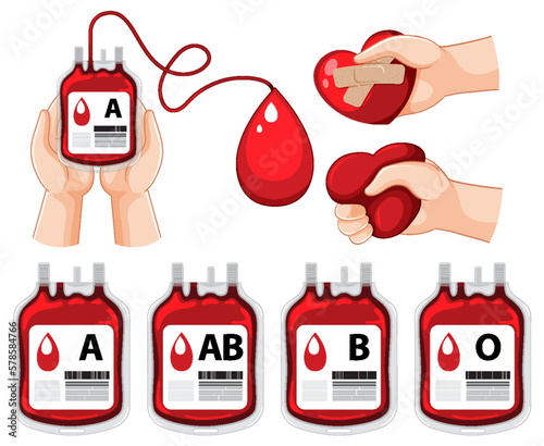 Set of all blood type and human arm donate blood