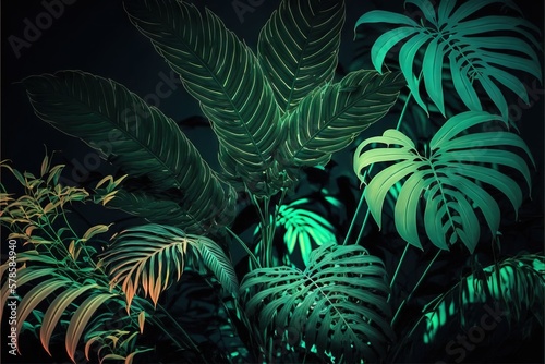 Beautiful colorful tropical leaves on dark background. Abstract background or wallpaper Generative AI.