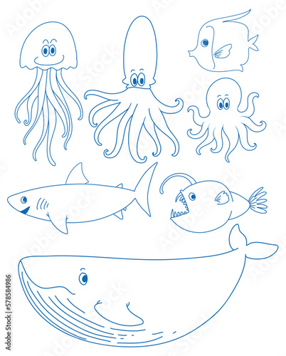 Simple doodle children drawing sea creatures