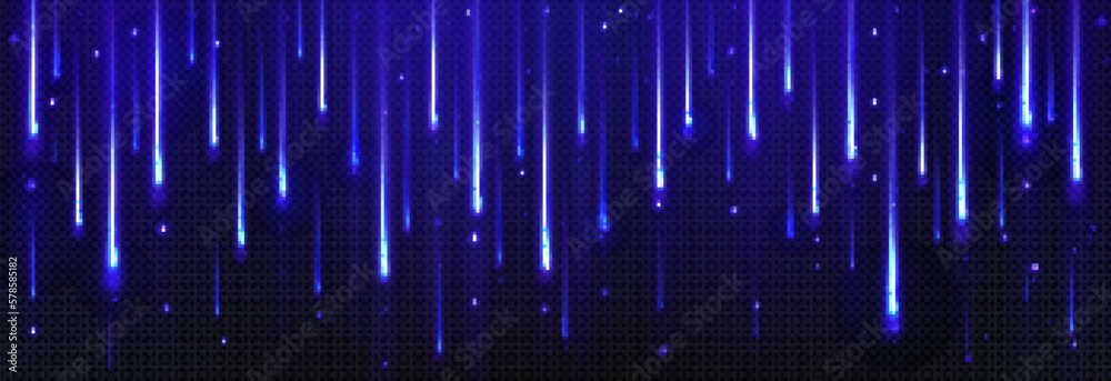 Realistic blue light effect of meteor rain in night sky. Vector illustration of falling stars glowing on transparent background. Abstract shimmering and sparkling illumination pattern, tinsel curtain