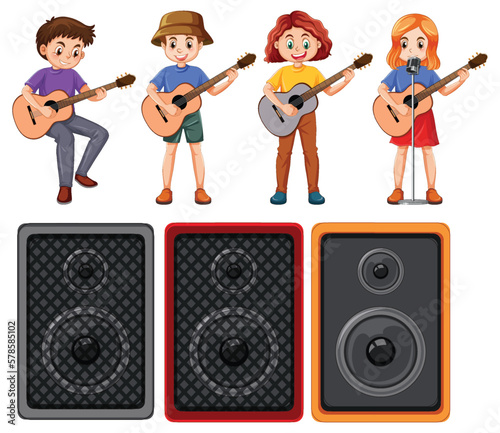 Set of musician cartoon character with classic guitar