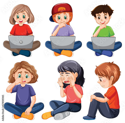 Set of children with computer