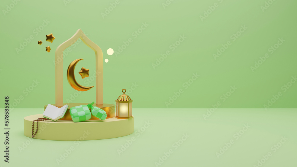 Fototapeta premium 3d islamic ramadhan celebration on green with ketupat, quran, lantern, star and moon, copy space text area