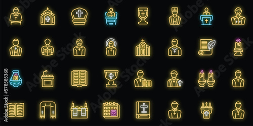 Chaplain icons set outline vector. Muslim ramadan. Namaz pray neon color on black