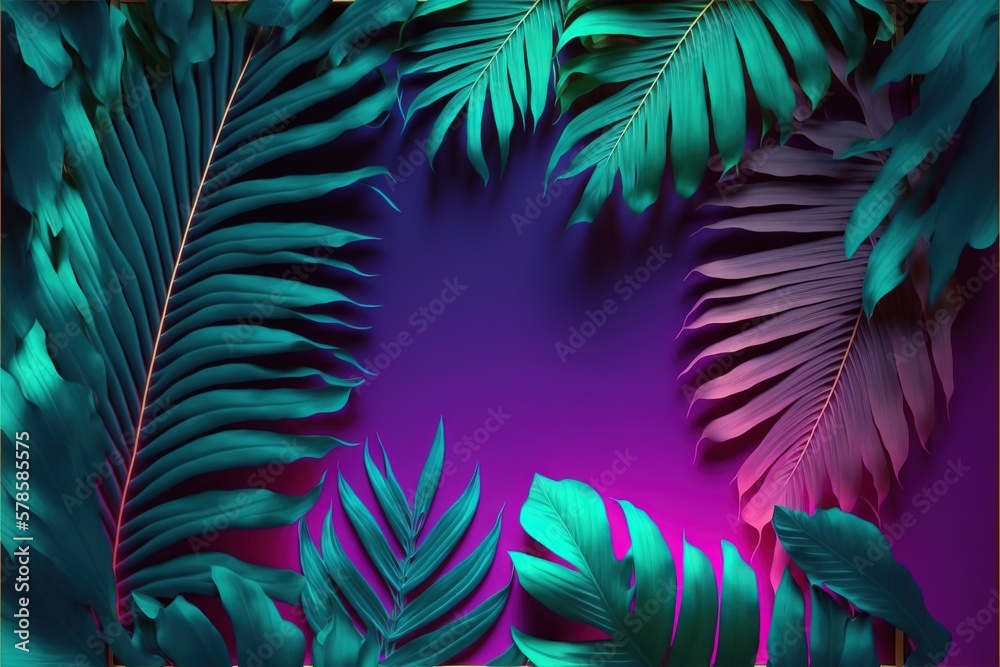 Beautiful colorful tropical leaves on dark background. Abstract background or wallpaper Generative AI.