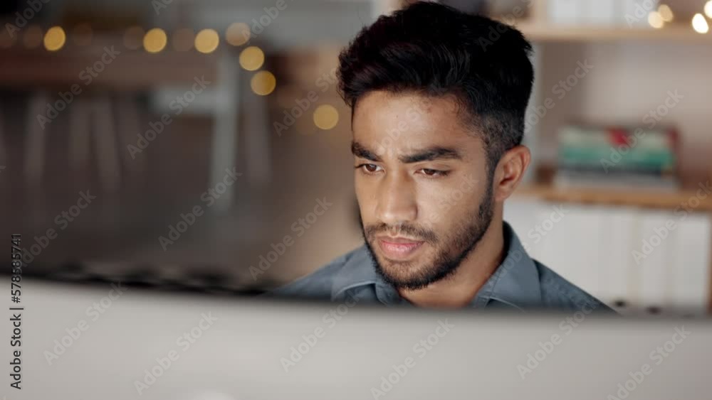 Man, office and frustrated by computer in night for idea, vision and brainstorming for problem solving. Businessman, dark workplace and pc with smile, planning and strategy with web design solution