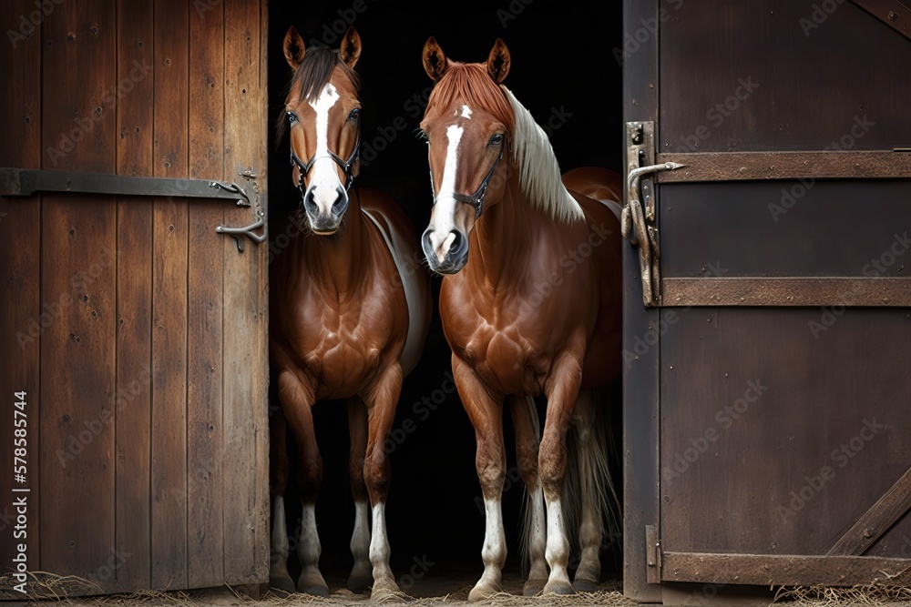 Obraz premium Purebred anglo-arabian chestnut horses standing at the barn door, AI generated