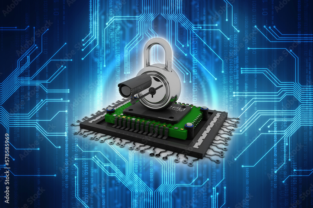 3d rendering lock protected microchips under CCTV camera 3d rendering lock protected microchips under CCTV camera