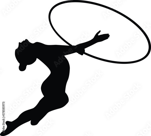 girl athlete gymnast with hoop rhythmic gymnastics, black silhouette on white background, vector illustration