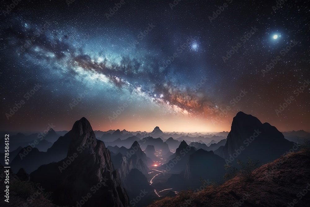 Scene of milky way and starry sky on high mountains in summer, AI generated