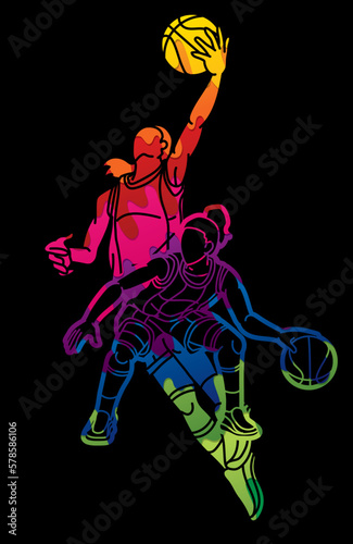 Group of Basketball Female Players Action Cartoon Sport Graphic Vector