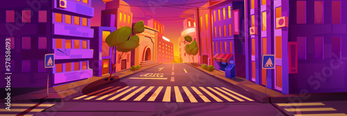 Morning sunrise in modern city downtown. Vector cartoon illustration of empty urban street with shop, museum and apartment buildings, business center, traffic signs at crossroads under colorful sky © klyaksun