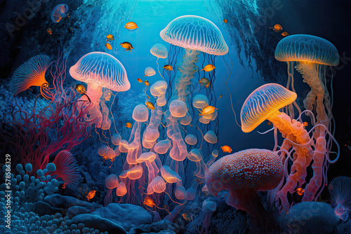 glowing sea jellyfishes with tropical fishes in coral reef, generative AI