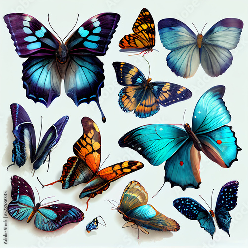 A collection of colorful butterflies isolated on white background. Generative AI