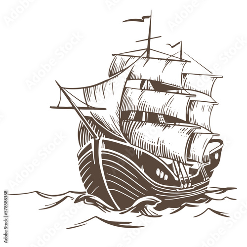 Ship sketch. A sailboat sails on the waves with raised sails. Vector illustration in engraving style isolated on white background. Nautical vessel for design in retro style.