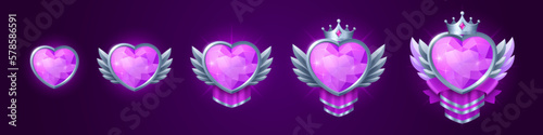 Game badges of heart shape gem in silver frame. Game icons, fantasy ranking medals with purple crystal, crown, wings and pennant, vector cartoon set isolated on background