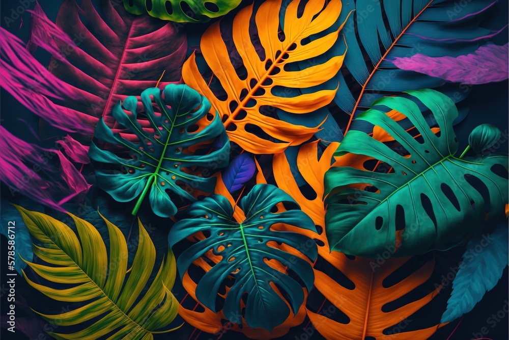 Beautiful Colorful Tropical Leaves On Dark Background Abstract Background Or Wallpaper