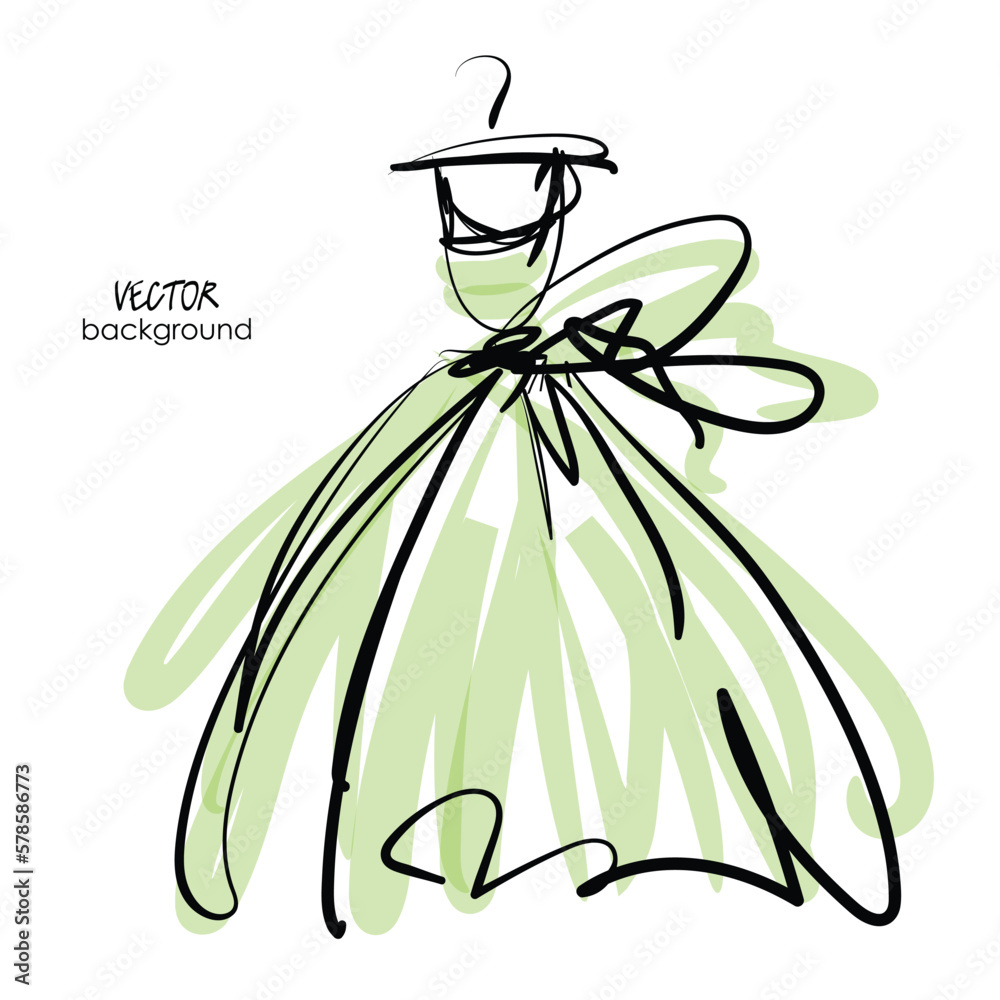 art sketching isolated vector drawing of bride dress for wedding; clear light green silk dress with full skirt and bow; freehand illustration, space for text, greeting card art sketching isolated vector drawing of bride dress for wedding; clear light green silk dress with full skirt and bow; freehand illustration, space for text, greeting card