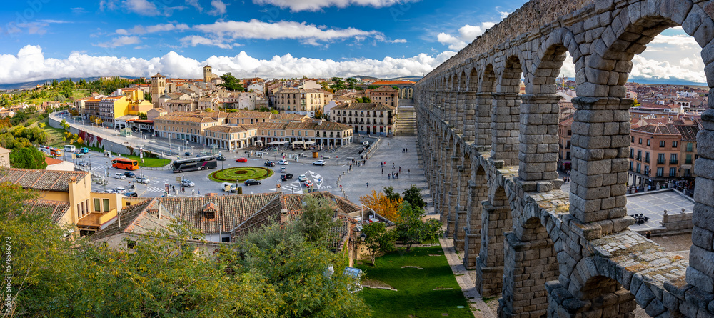 Segovia, Spain - The Panoramic view of the town with Aqueduct of Segovia on the right