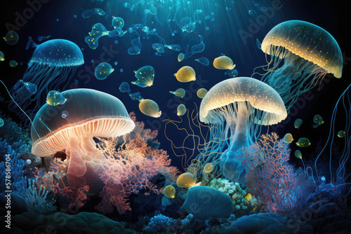 glowing sea jellyfishes with tropical fishes in coral reef, generative AI