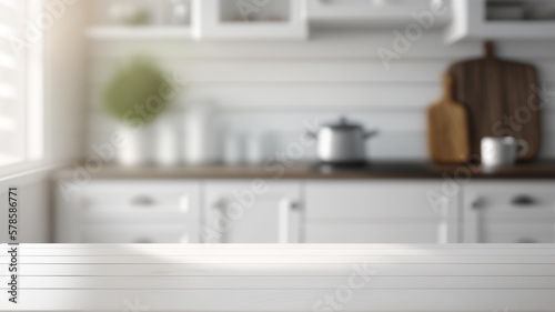 Empty white marble counter top table modern kitchen for display over bright luxury kitchen background, product design on display
