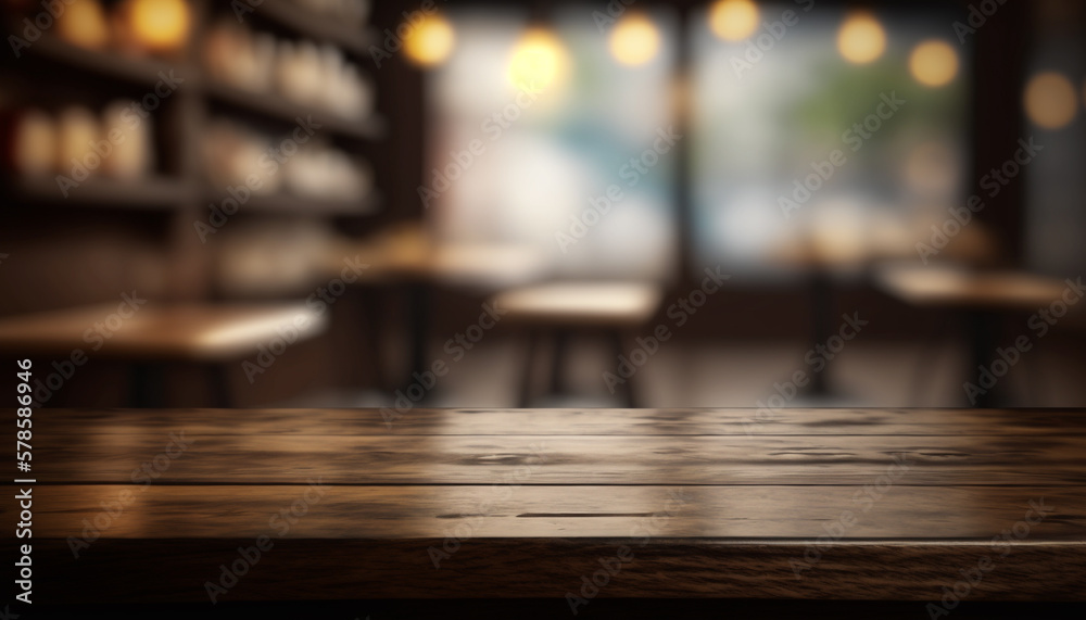 Wooden top table counter in cafe with bokeh light effect and blur restaurant on background, blur light background, abstract bokeh light effect. Generative AI