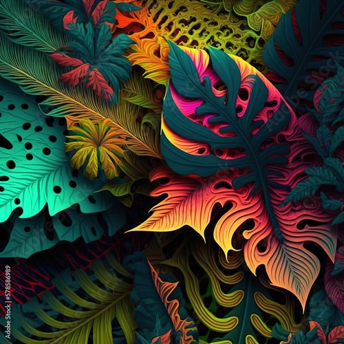 Beautiful colorful tropical leaves on dark background. Abstract background or wallpaper Generative AI.