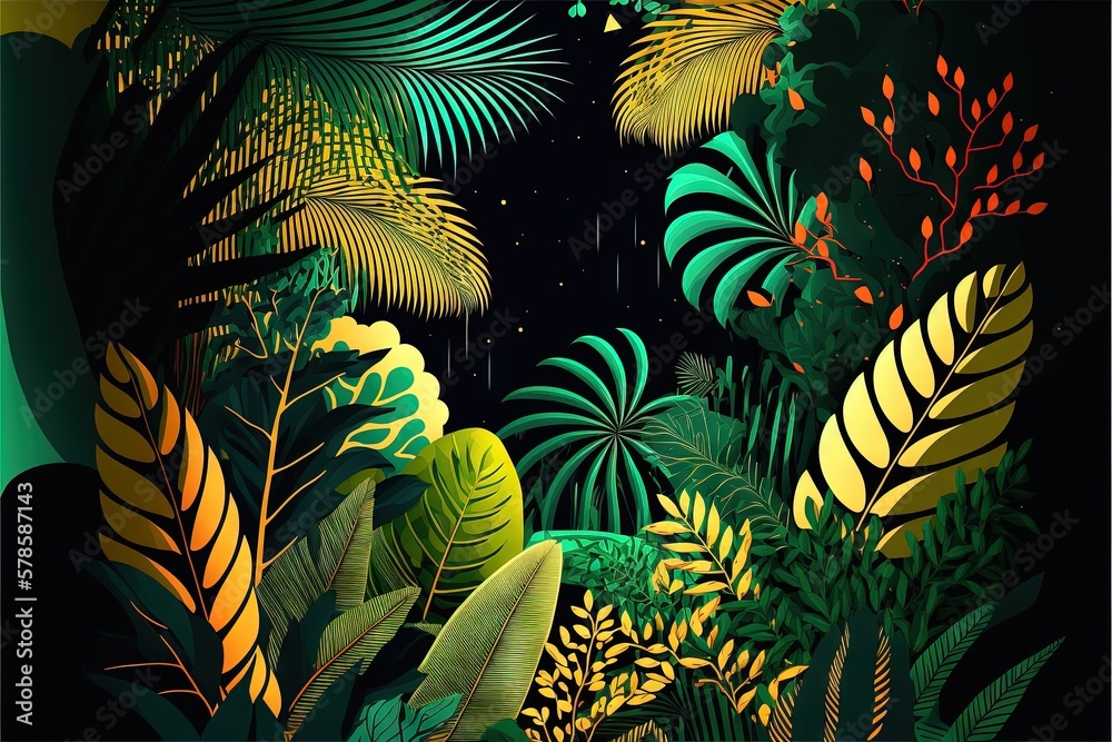 Fototapeta premium Beautiful colorful tropical leaves on dark background. Abstract background or wallpaper Generative AI.