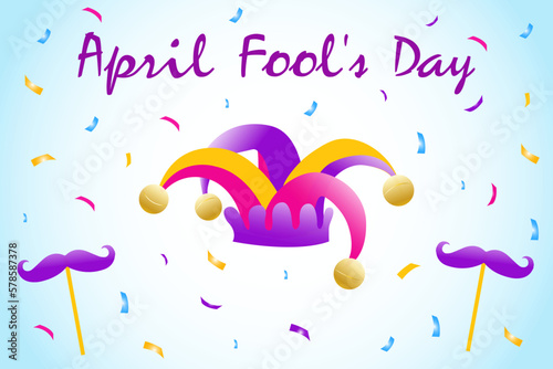 Vector bright banner for the international holiday April Fool's Day, a jester's hat and a funny mustache on the background of multi-colored hand-drawn confetti
