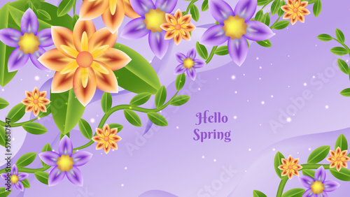 Soft purple spring background with flowers in flat style