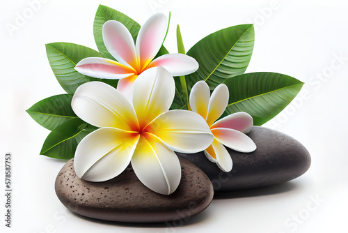 tropical flowers on stones on leaves. Generative Ai
