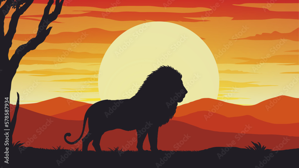 a lion standing in the middle of a sunset with mountain rage
