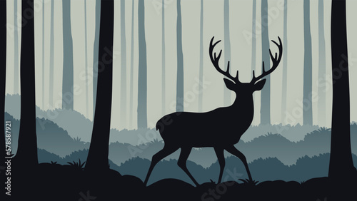 deer in the middle of a forest with tall trees and a foggy sky