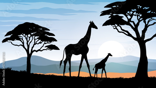 Photography a couple of giraffes standing in a field near trees and hills with a sky backgro