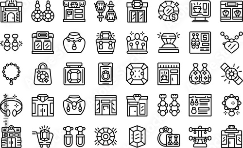 Jewelry store icons set outline vector. Fashion retail. Gift sale