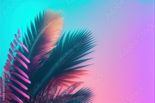 Beautiful colorful tropical leaves on dark background. Abstract background or wallpaper Generative AI.