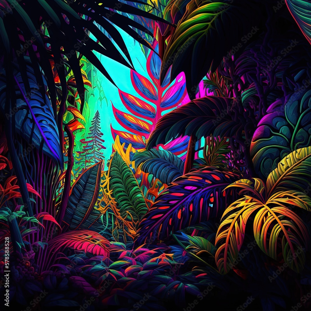 Beautiful colorful tropical leaves on dark background. Abstract background or wallpaper Generative AI. Beautiful colorful tropical leaves on dark background. Abstract background or wallpaper Generative AI.