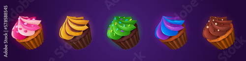 Icons of sweet food, chocolate cakes. Cute desserts, cupcakes and muffins with different cream. Pastry symbols for match three game, vector cartoon set isolated on background