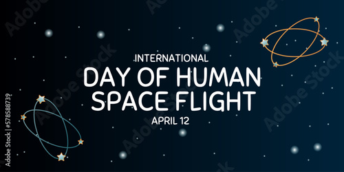 International day human space flight. 12 April Cosmonautics Day banner with rocket. Horizontal web banner.