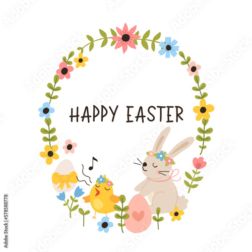 Vector color hand-drawn children cute easter poster with bunny, chick and easter eggs, flowers in scandinavian style on a white background. Easter set. Spring. Happy easter.