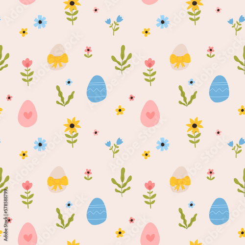 Vector color hand-drawn children cute easter seamless pattern with hens, bunny, easter eggs, flowers in scandinavian style. Easter colorful set. Doodle cartoon spring background. Happy easter.