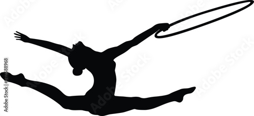 girl gymnast exercise split leap with hoop in rhythmic gymnastics, black silhouette on white background, vector illustration