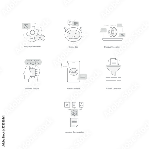 Popular GPT use cases icons, Chatbots, Virtual assistant icons, Language Translation, Language summarization icon, Content generation, Sentiment Analysis icon, vector gray editable icons.