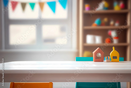 Empty table with blurred kids room. Generative ai design.