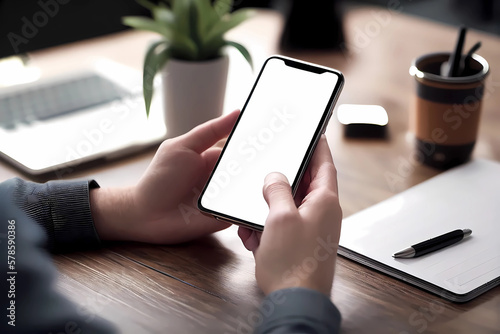 Man using blank smartphone on workplace desk. Generative ai design.